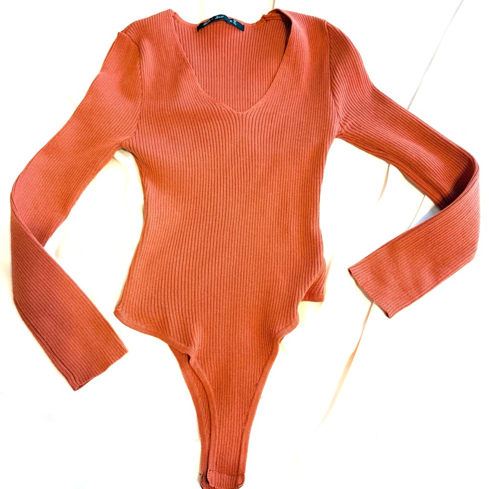 Ribbed V-Neck Long Sleeve Bodysuit - Orange